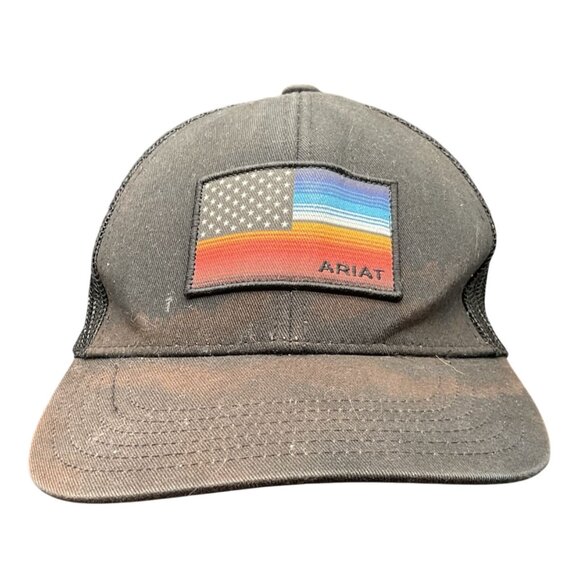 Ariat  Black Mesh Trucker Hat With Multicolor American Flag Patch Mens - Picture 1 of 5